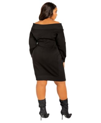 Women's Plus Size Off Shoulder Zip-up Sweater Dress