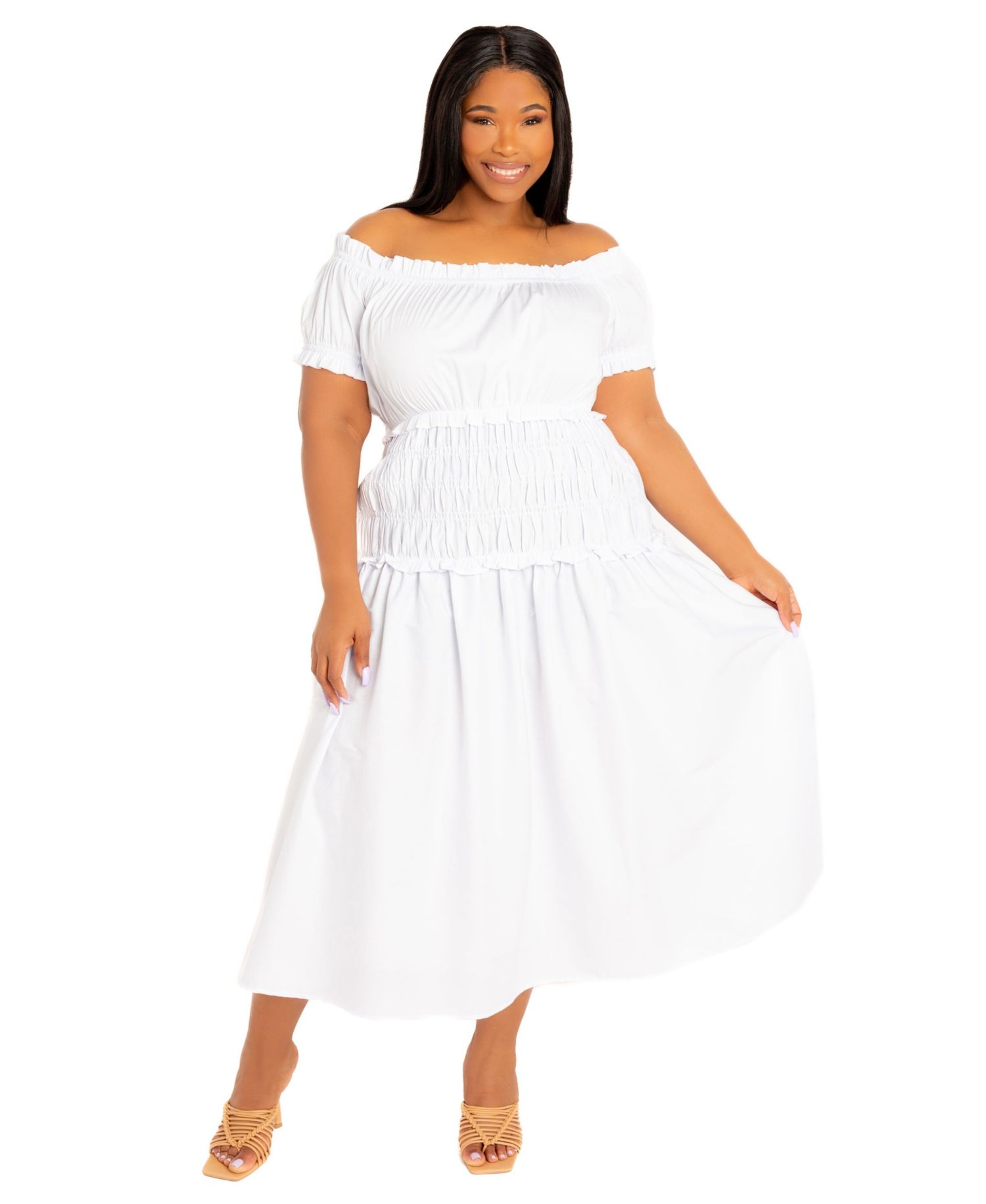 Women's Plus Size Off Shoulder Smocked Midi Dress