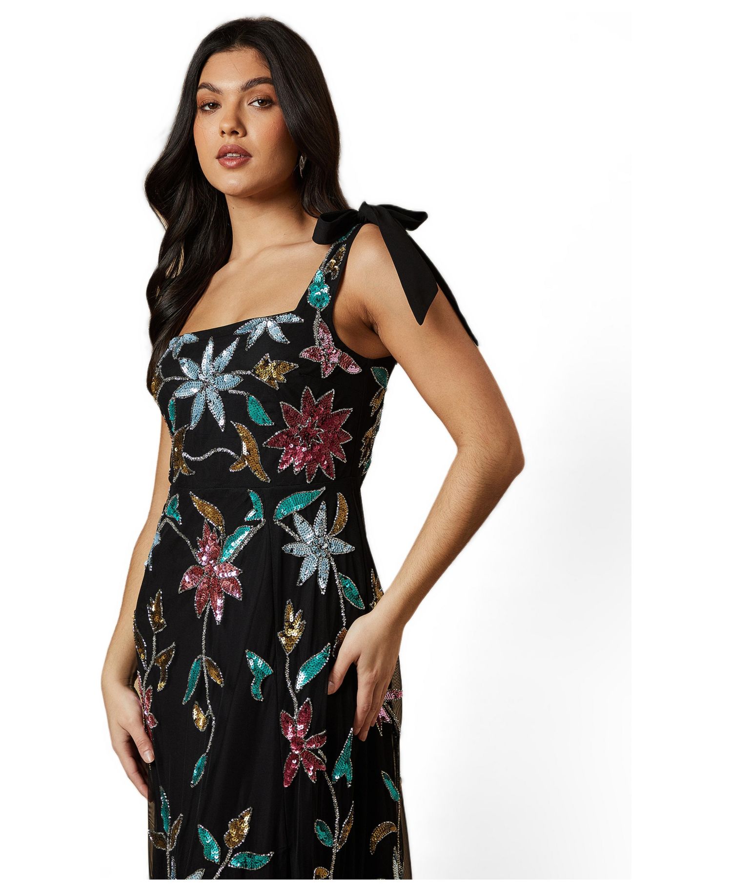 Women's Floral Embellished Split Midi Dress