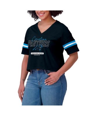 Women's Black Carolina Panthers Color Block Boxy Modest Crop V-Neck T-Shirt