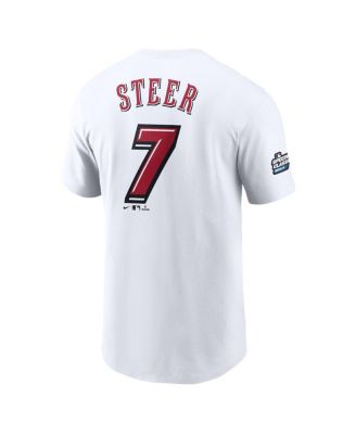 Men's Spencer Steer White Cincinnati Reds 2025 MLB Speedway Classic Name Number T-Shirt