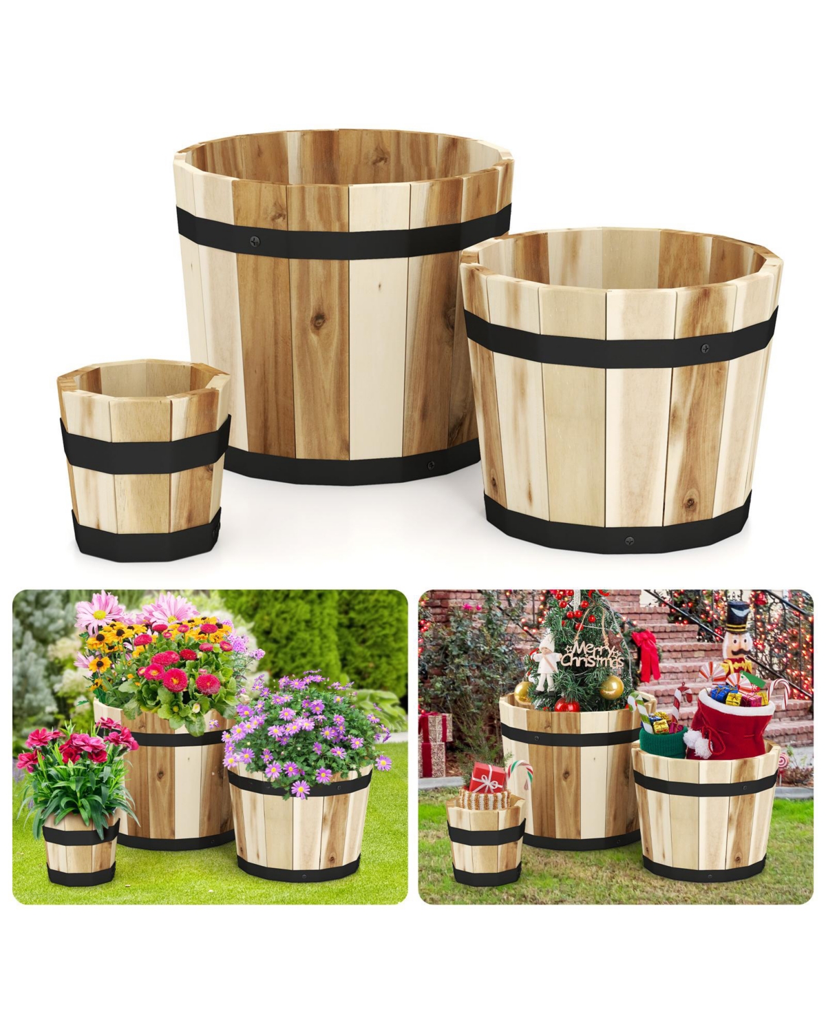 Gymax Outdoor Wooden Planter Box Set of 3 w/ Drainage Holes for Flower Herb Shrub