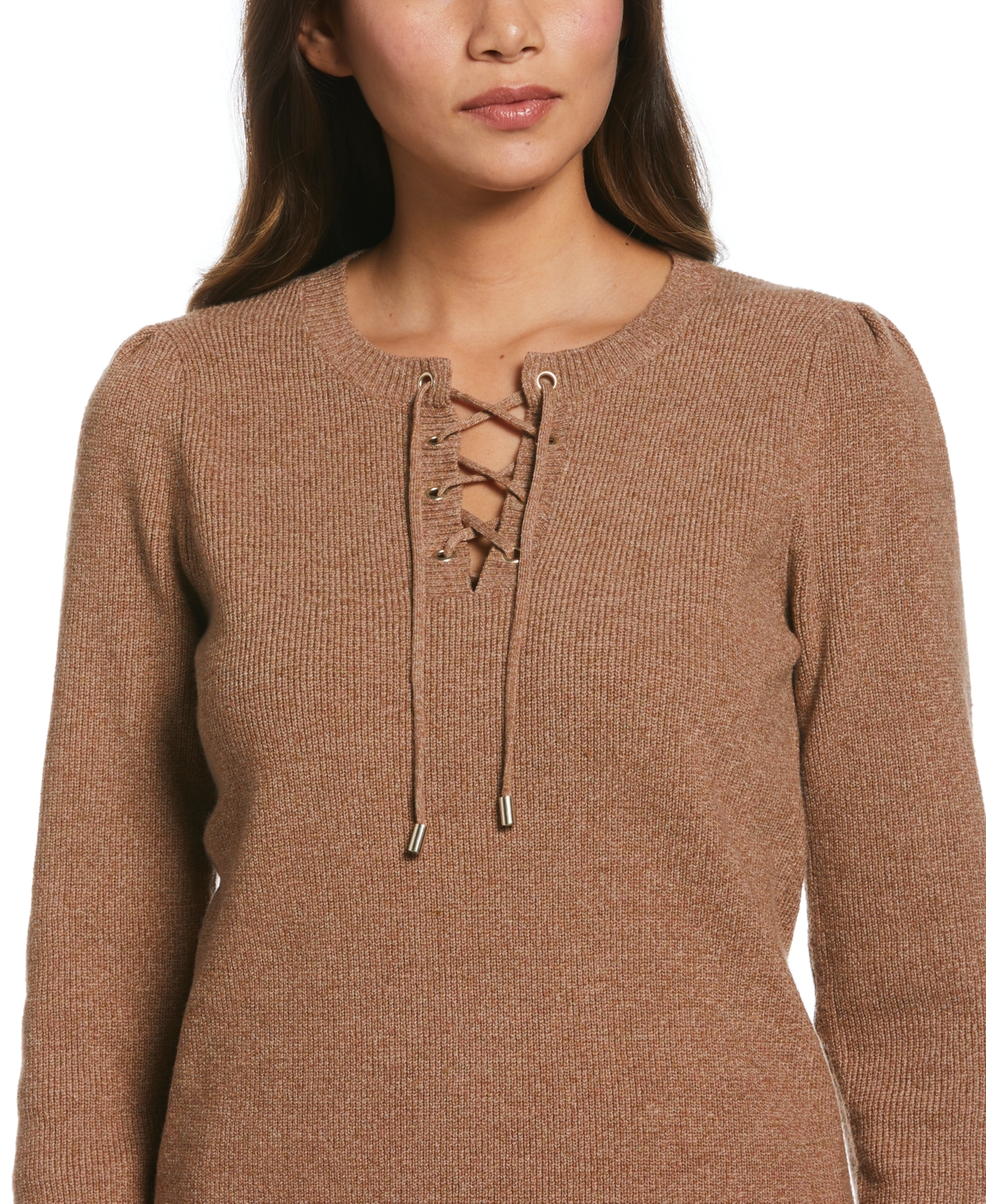 Ella Rafaella Plus Size Front Lace-up Long Sleeve Sweater In Brown