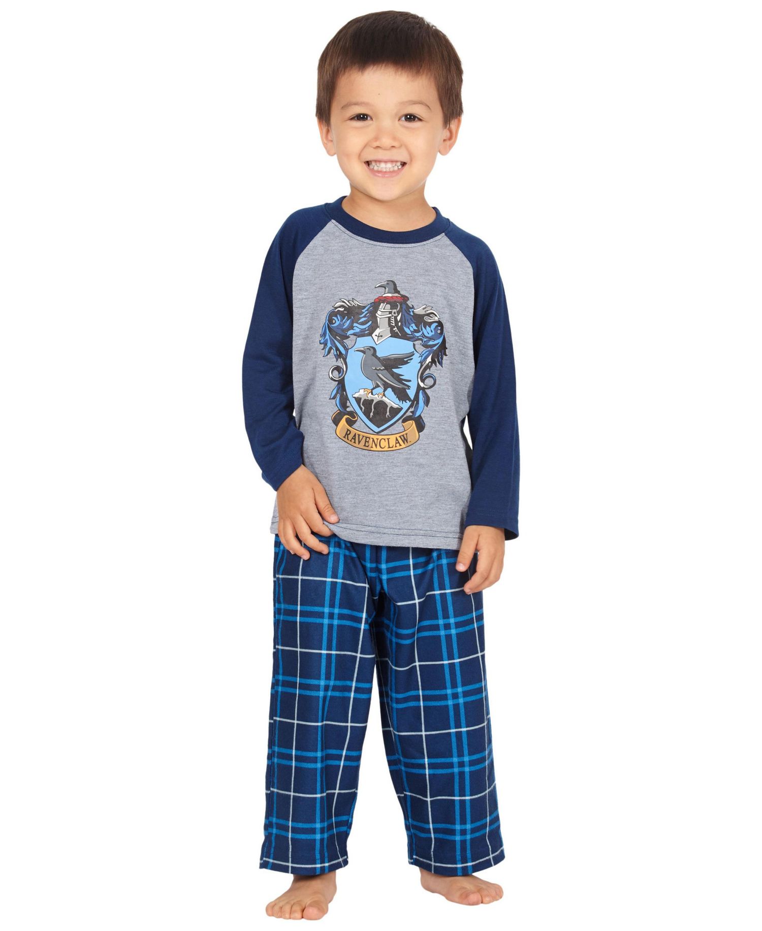 Boys' Plaid Hogwarts Houses Crest Raglan Kids 2Piece Pajama Set - Gryffindor Hufflepuff Slytherin Ravenclaw