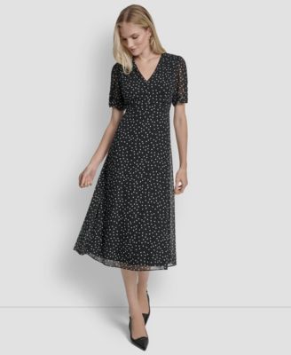 DKNY - Women's Polka-Dot V-Neck Button-Trim Midi Dress