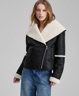 And Now This - Women's Faux-Shearling Oversized Collar Moto Jacket