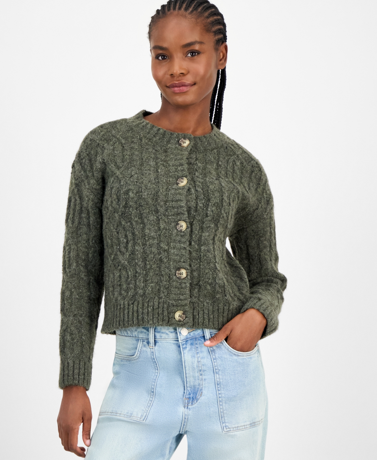 And Now This Women's Flecked Cable-knit Cropped Cardigan, Macy's Exclusive In Gray