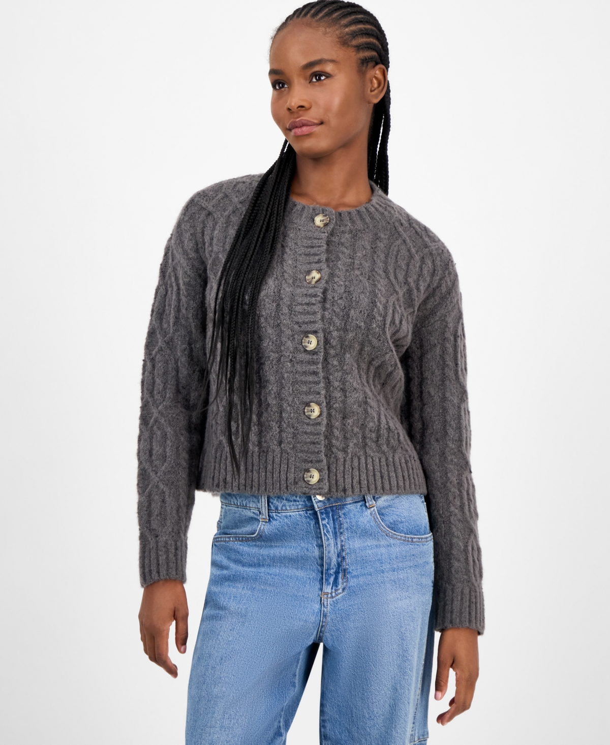 And Now This Women's Flecked Cable-knit Cropped Cardigan, Macy's Exclusive In Gray