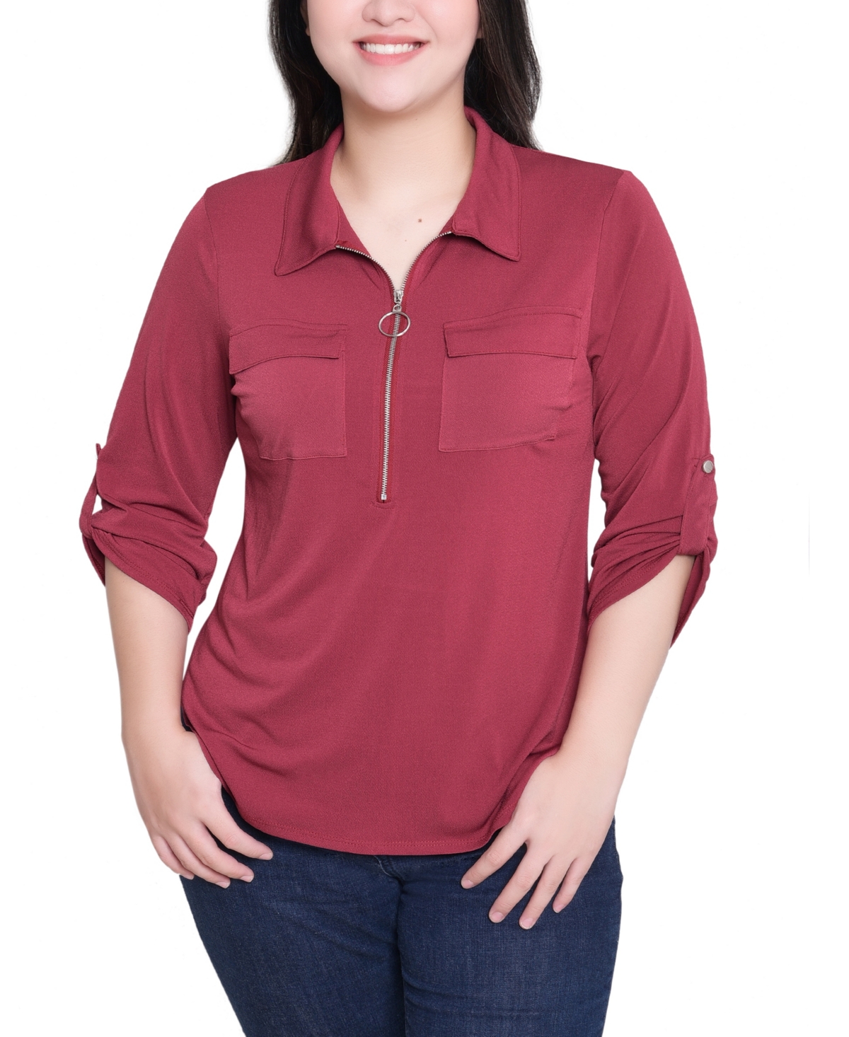 Ny Collection Petite 3/4 Roll Tab Zip Front Top In Brown