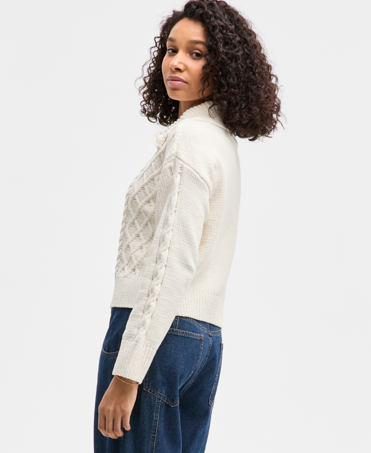 Hippie Rose Juniors' Chenille Cable-Knit Collared Full-Zip Cardigan