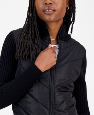 Juniors' Quilted-Front Full-Zip Cardigan