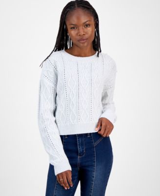 Madden Girl - Juniors' Cable-Knit Faux-Pearl Crewneck Sweater