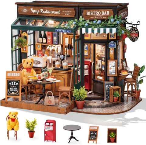 Детские игрушки Robotime 3D Puzzles Miniature House Kit Tipsy Restaurant DIY Birthday Gifts Valentine's Day Birthday Gifts, Multicolored, 2.72"2.72"5.71