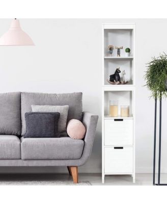 Bathroom Cabinet Tower with 2 Storage Drawers and 3 Shelves in Wood Finish