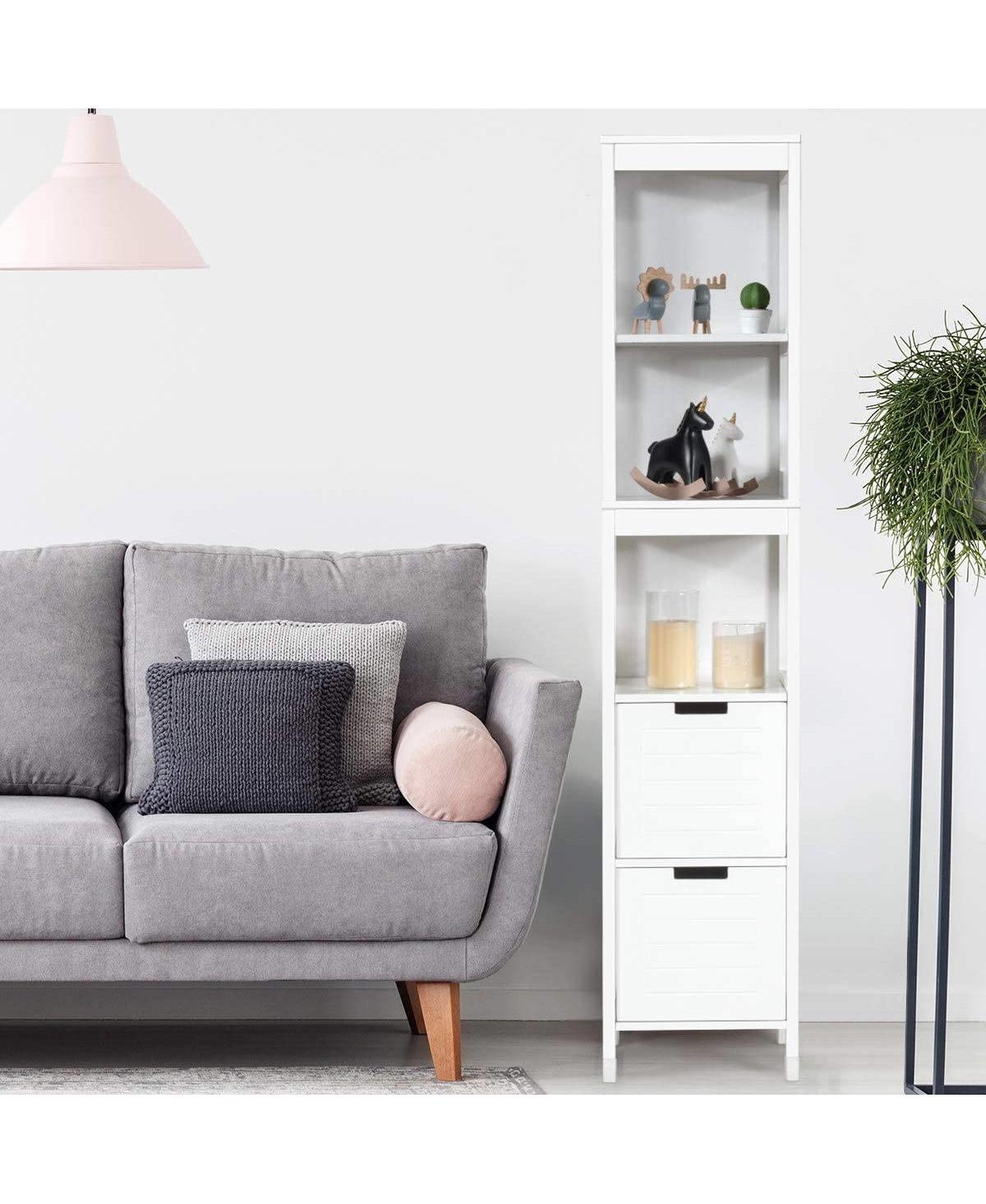 Slickblue Bathroom Cabinet Tower with 2 Storage Drawers and 3 Shelves in Wood Finish