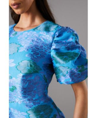 Women's Jacquard Floral Puff Sleeve Midi Dress
