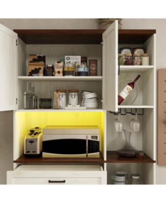 Antique White 71" Farmhouse Pantry Hutch Cabinet, Barn Door Kitchen Storage with LED Lights & Adjustable Shelves, Freestanding Sideboard with Glass Holder