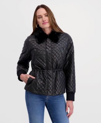 Women's Cinched Waist Quilted Jacket with Faux Fur Collar