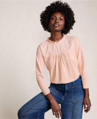 Women's 3/4 Sleeve Cotton Slub Lace Trim Top