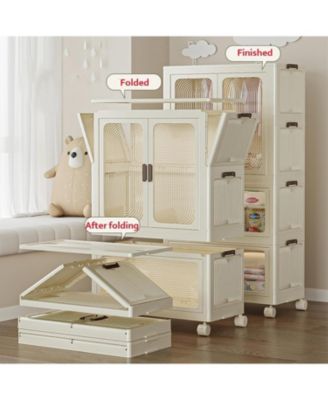 4 Tier Portable Kids Wardrobe Closet with Doors - Baby Clothes Organizer with Wheels, Collapsible Wardrobe Closet with Hanging Rod, Includes 10 Hangers, Ideal for Bedroom, Playroom