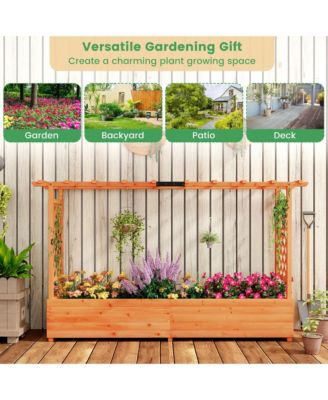 Raised Garden Bed w/ 2-Sided Trellis & Hanging Roof Fir Wood Planter Box w/ Drainage Holes