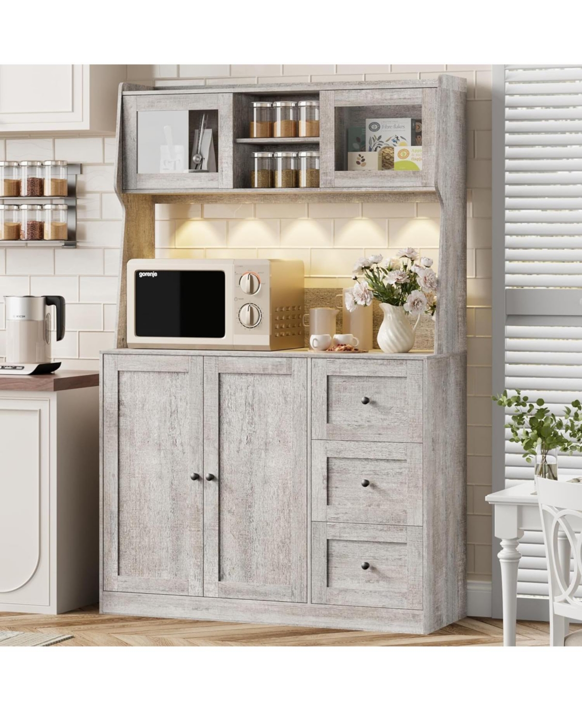 gaomon 67" Tall Kitchen Hutch Storage Cabinet, Farmhosue Coffee Bar Cabinet with 3 Drawers and Led Lights, Freestanding Food Pantry Countertop fo