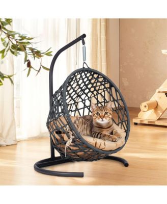 Rattan Cat Egg Chair with Stand and Cushion in Yellow