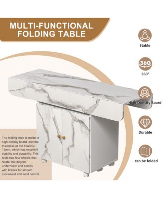 CASAINC 47" MDF, Marble Finish Folding Design, Storage Rack, Cabinet, Lockable Wheels Dining Table