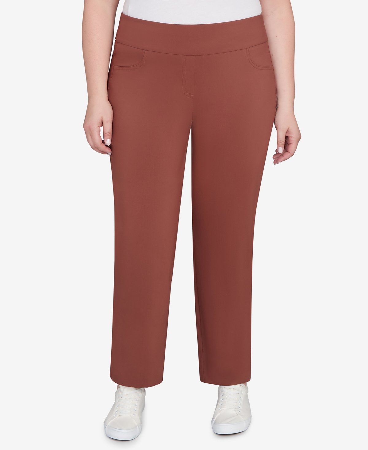 Hearts Of Palm Plus Size Solid Tech Stretch Ankle Length Pants In Brown