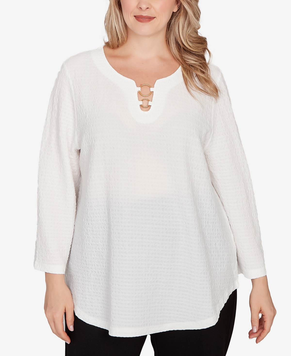 Hearts Of Palm Plus Size Novelty Crinkle 3/4 Sleeve Top In White