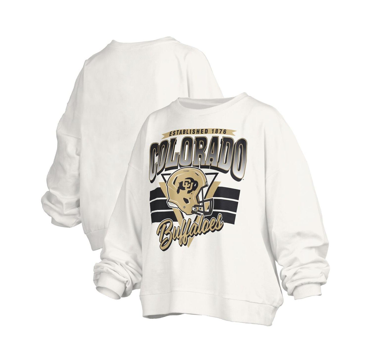 Women's White Colorado Buffaloes Oversized Janice Retro Waist-Length Pullover Sweatshirt