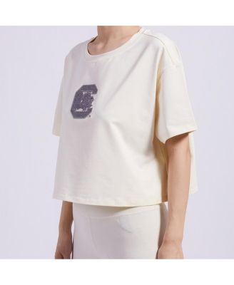 Women's&nbsp;Cream South Carolina Gamecocks Reverse French Terry Boxy Cropped T-Shirt