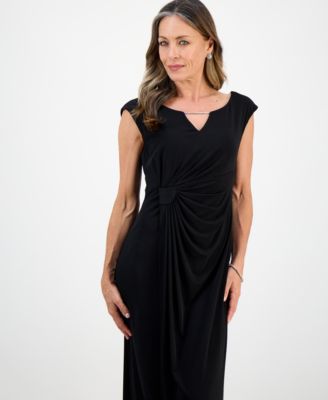 Petite Cap Sleeve Trim Neck Detail Long Dress