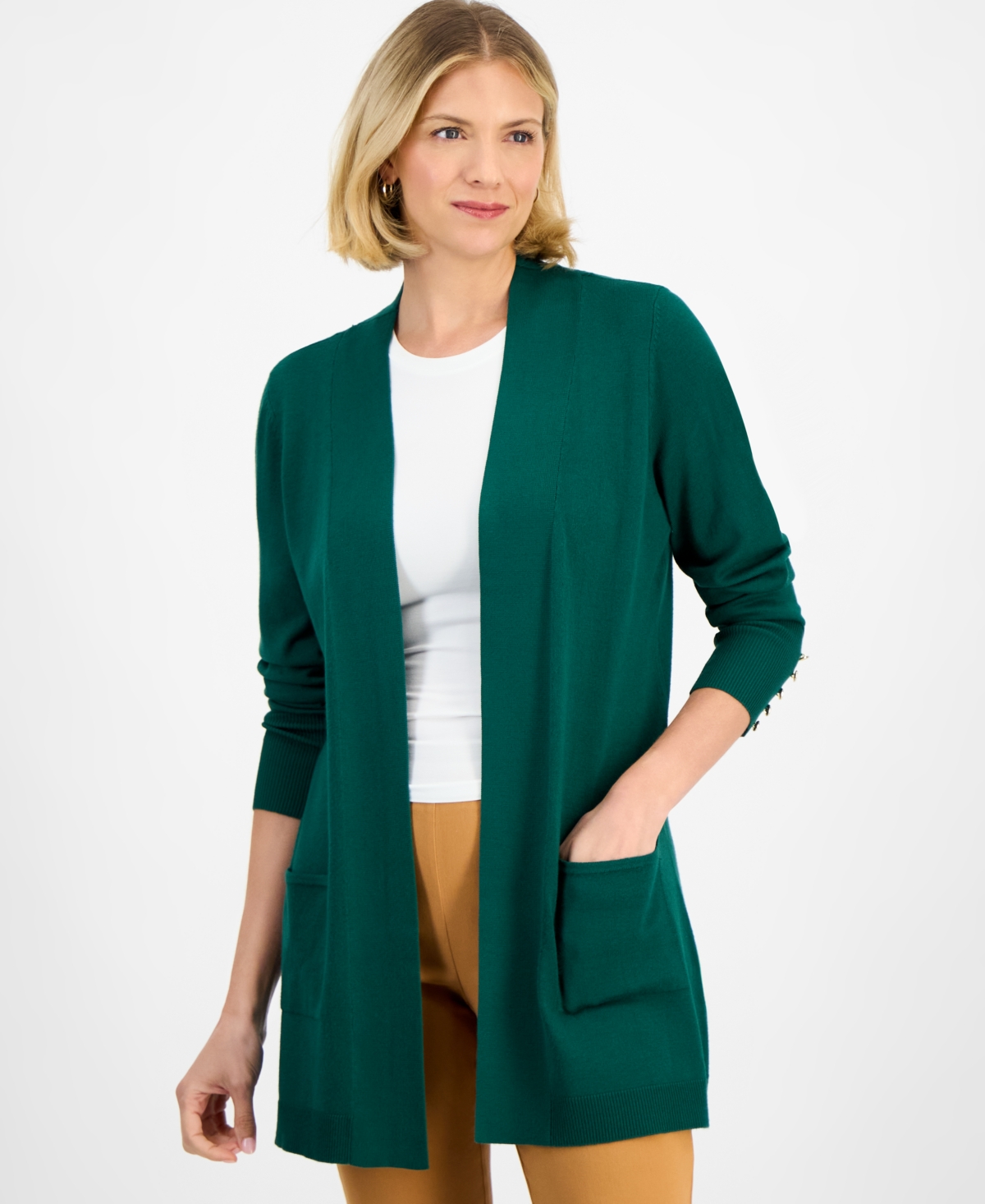 Jm Collection Petite Open-front Button-cuff Cardigan Sweater In Green