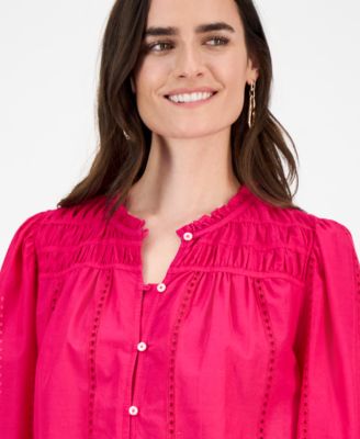 Women's Cotton Ruched 3/4-Sleeve Eyelet Top, Macy's Exclusive