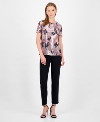 Petite Short-Sleeve Floral Sequin Tee