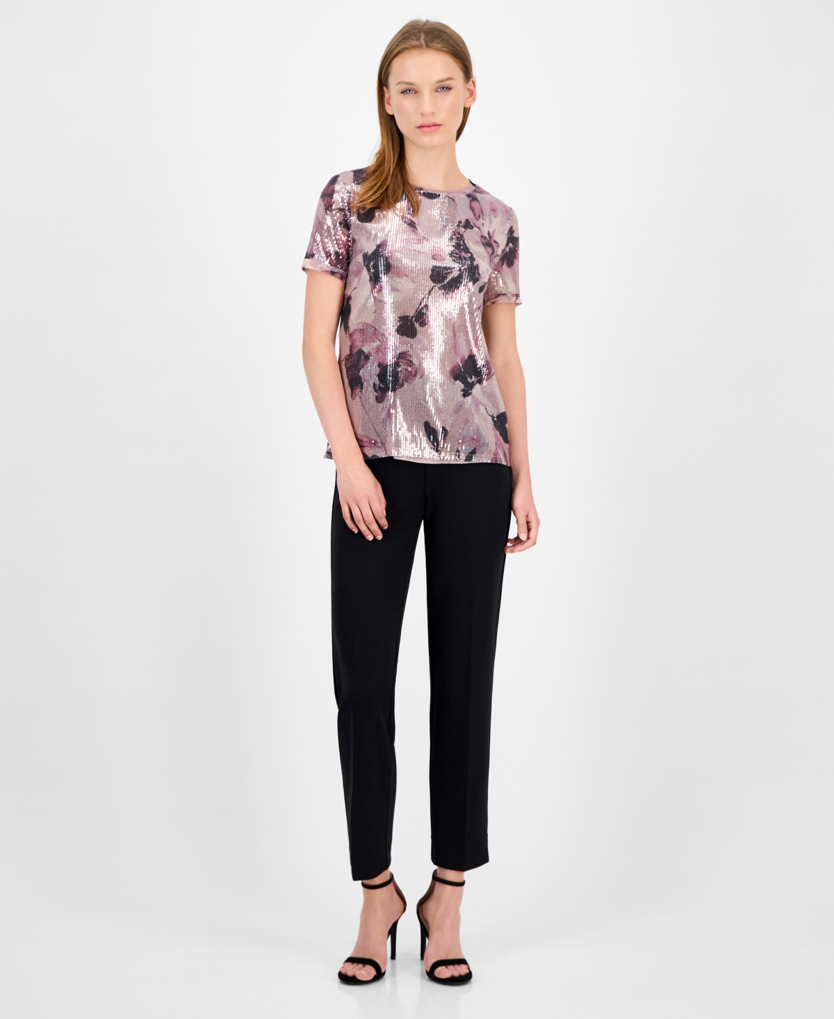 Anne Klein Women's Sequin Floral-Print Crewneck T-Shirt
