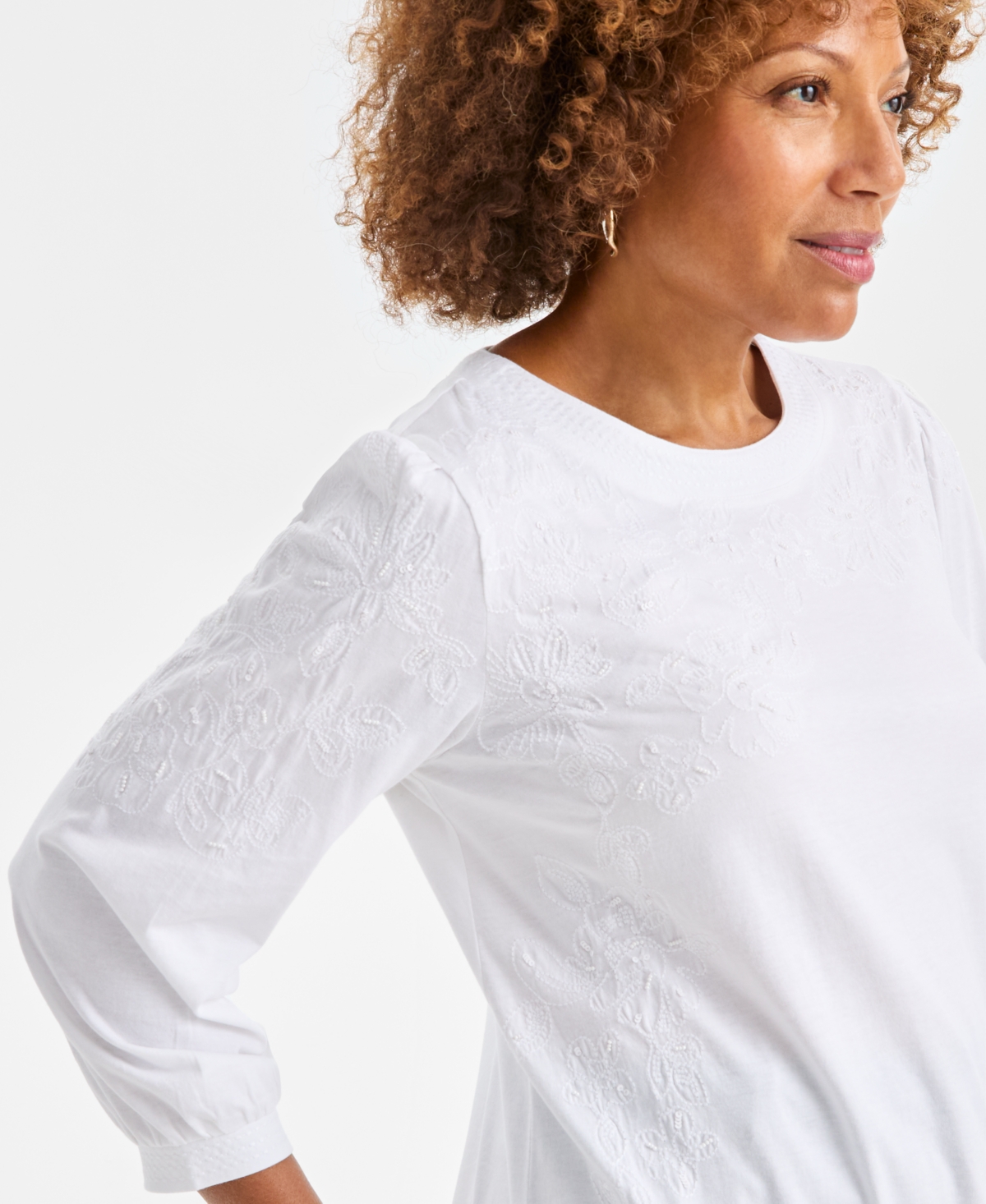 Style & Co Women's Floral Embroidery Shine Knit Top, Macy's Exclusive In White