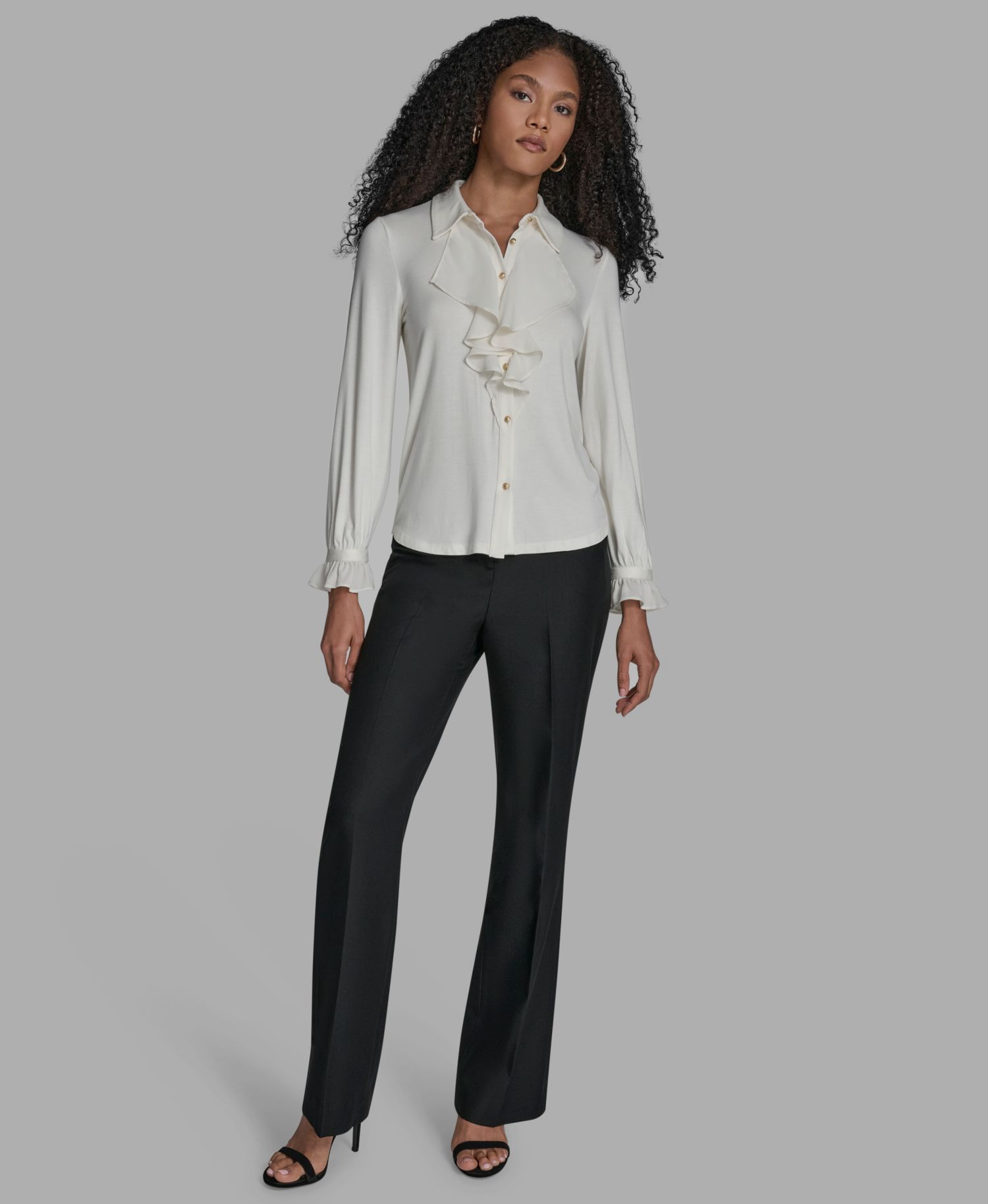 Women's Button Down Ruffle Front Blouse
