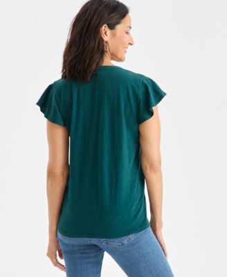 Women's Cotton Embroidered Flutter-Sleeve Knit Top, Macy's Exclusive