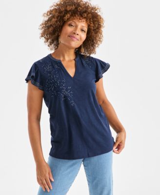 Women's Cotton Embroidered Flutter-Sleeve Knit Top, Macy's Exclusive