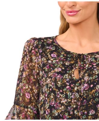 Women's Split Tie Neck Ruffle Cuff Top