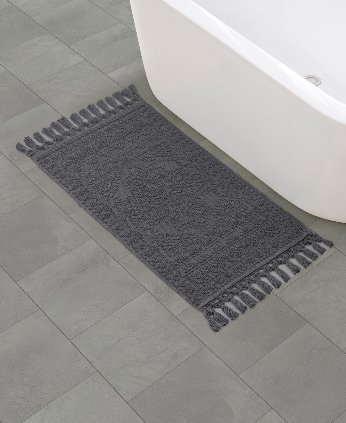 French Connection Nellore Fringe Cotton 20" X 38" Bath Rug In Gray
