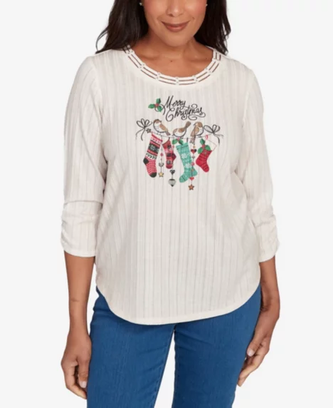 Petite Classic Holiday Stockings Gathered Sleeve Top - Oatmeal