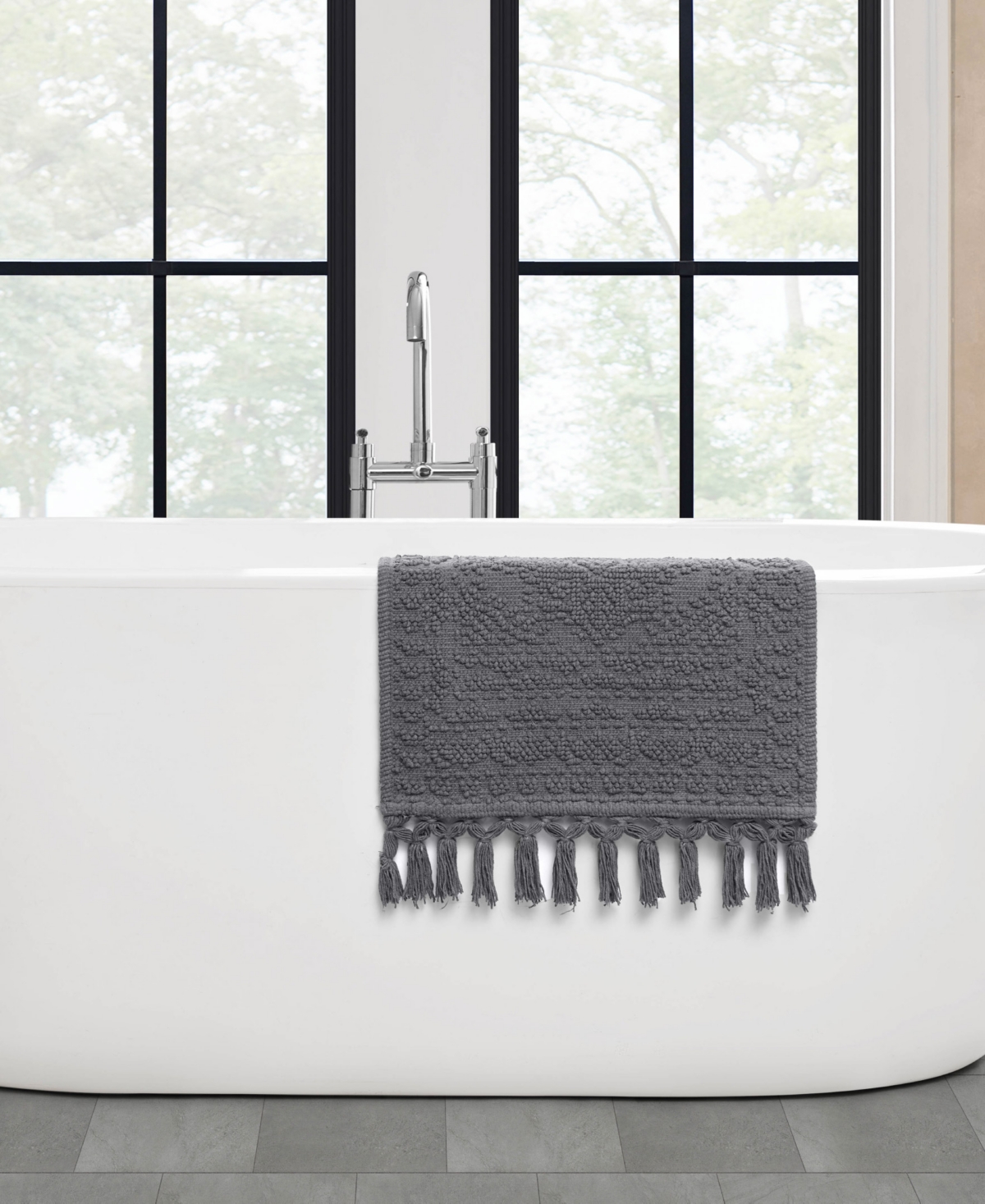 French Connection Nellore Fringe Cotton 17" X 28" Bath Rug In Gray