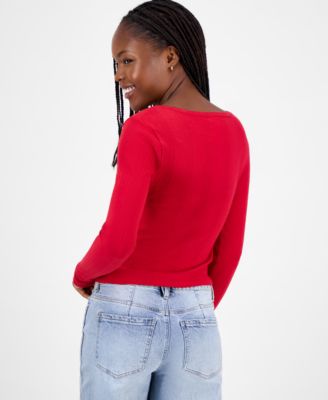 Juniors' Square-Neck Ribbed Long-Sleeve Picot Bow Top