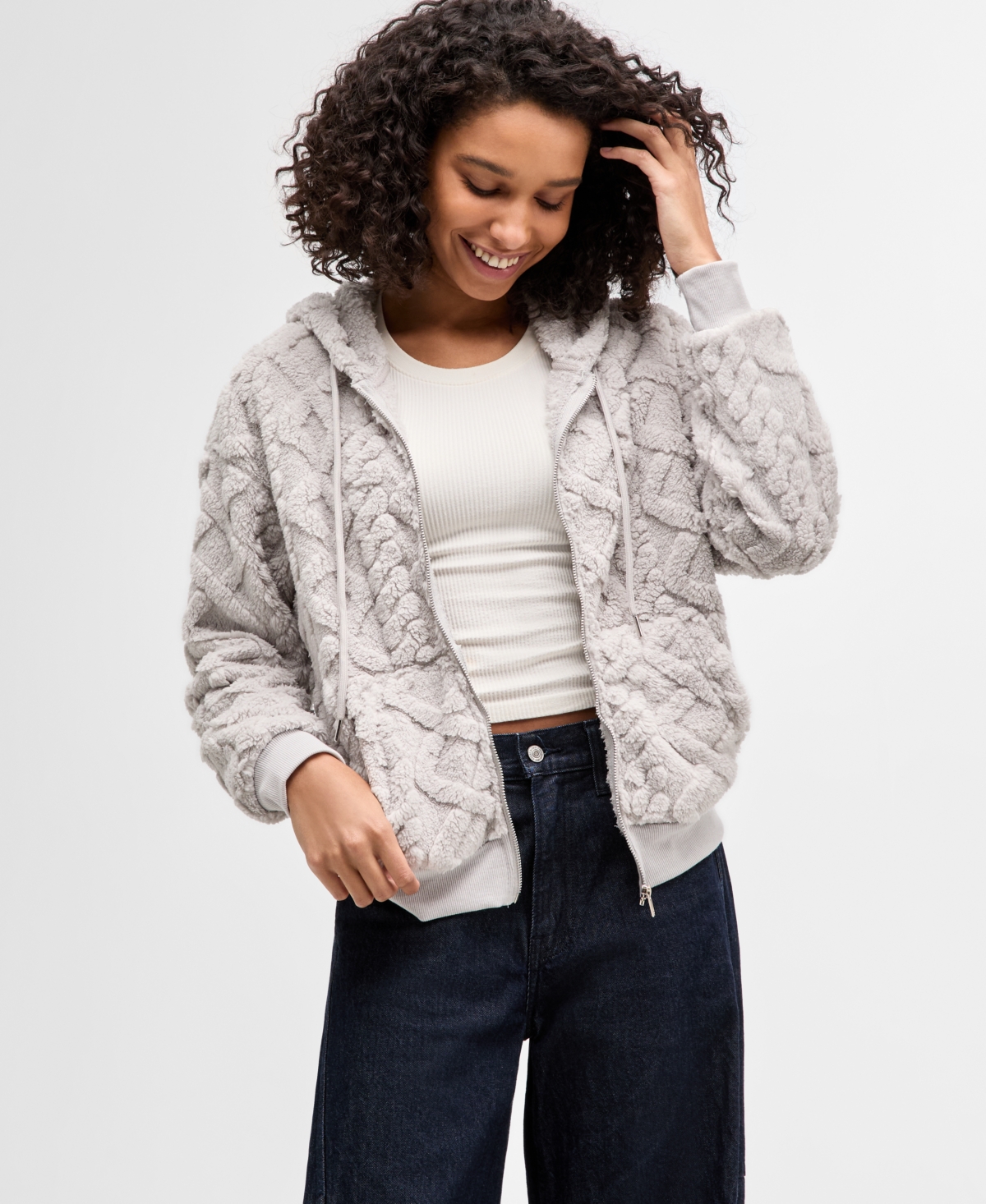 Madden Girl Juniors' Embossed Cable Zip-Up Hoodie