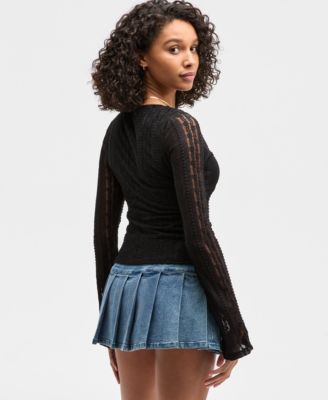 Juniors' Lace V-Neck Bell-Sleeve Top