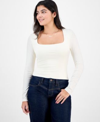 Pink Rose - Juniors' Square-Neck Long-Sleeve Knit Top