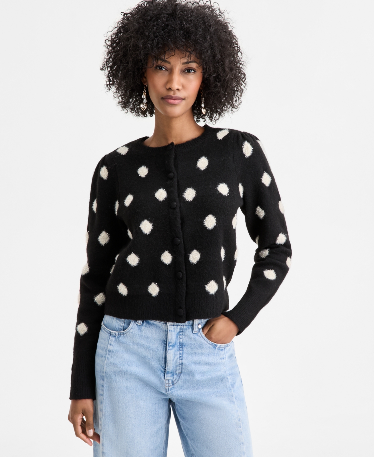 On 34th Women's Long-sleeve Eyelash Dot Cardigan Sweater, Macy's Exclusive In Black